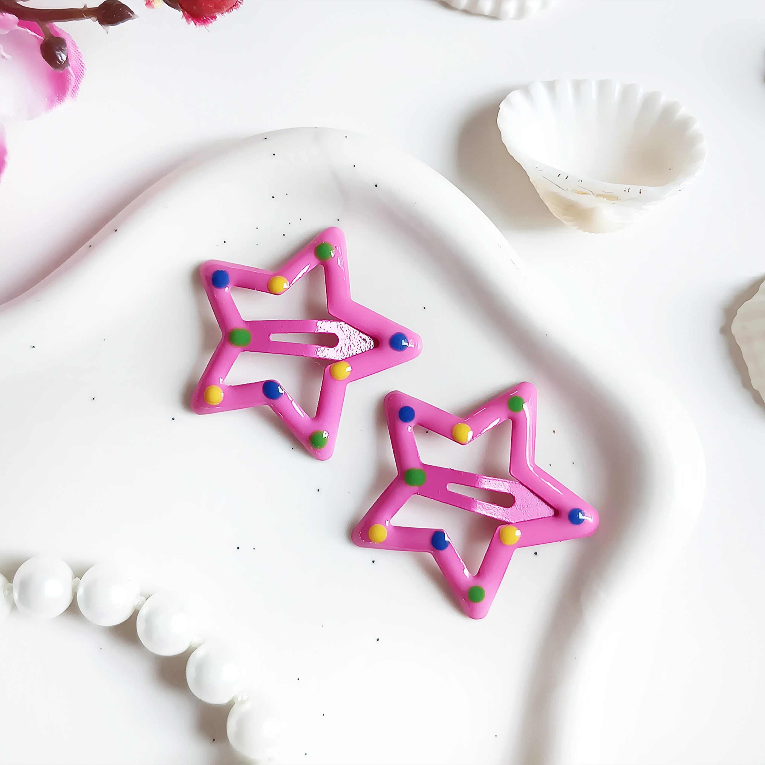 Spinki dla dzieci - gwiazdki w kropki - ciemnoróżowe