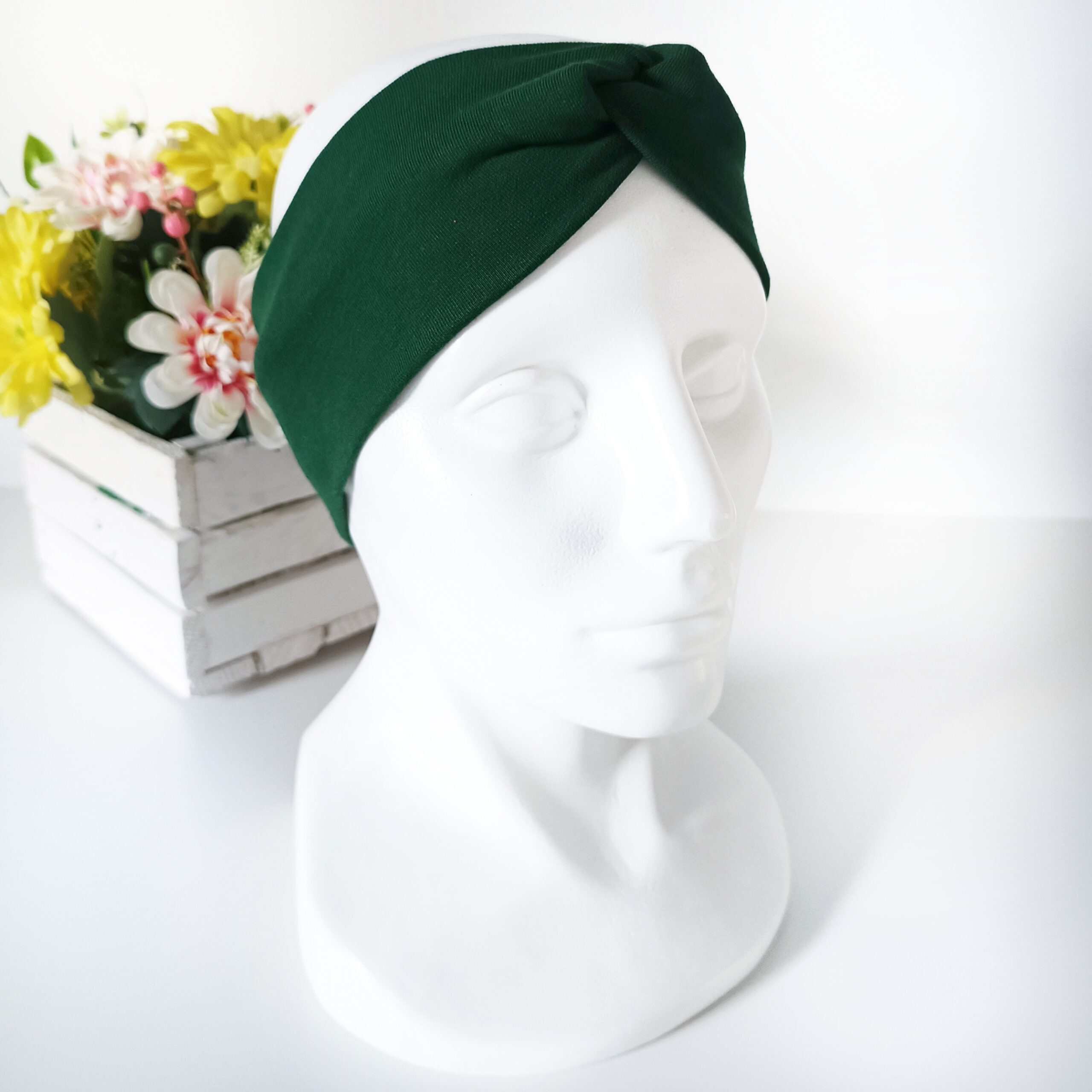 Opaska do włosów jesienna - damska - bawełniana - butelkowa zieleń - obrazek 3