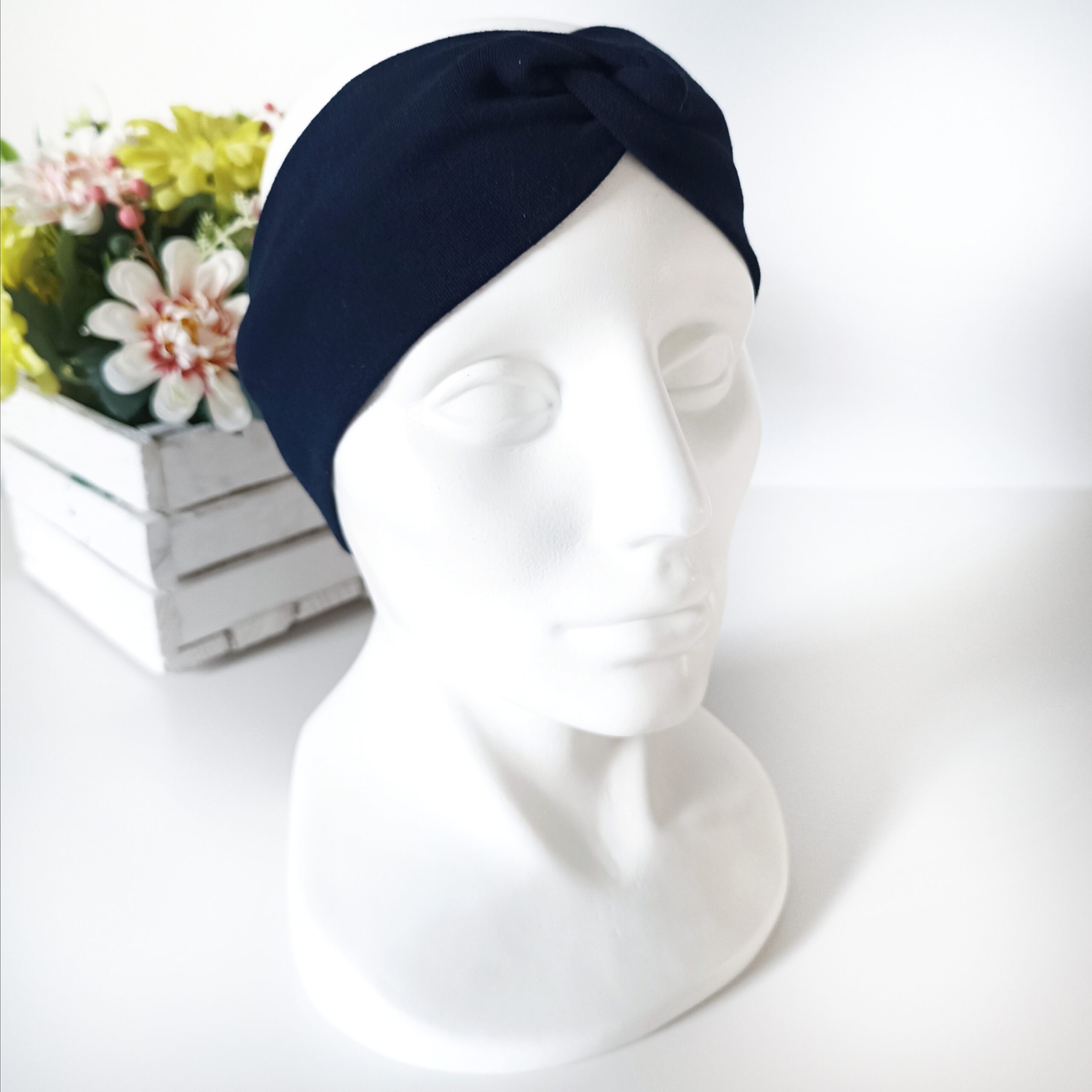 Opaska do włosów jesienna - damska - bawełniana - granatowa - obrazek 3