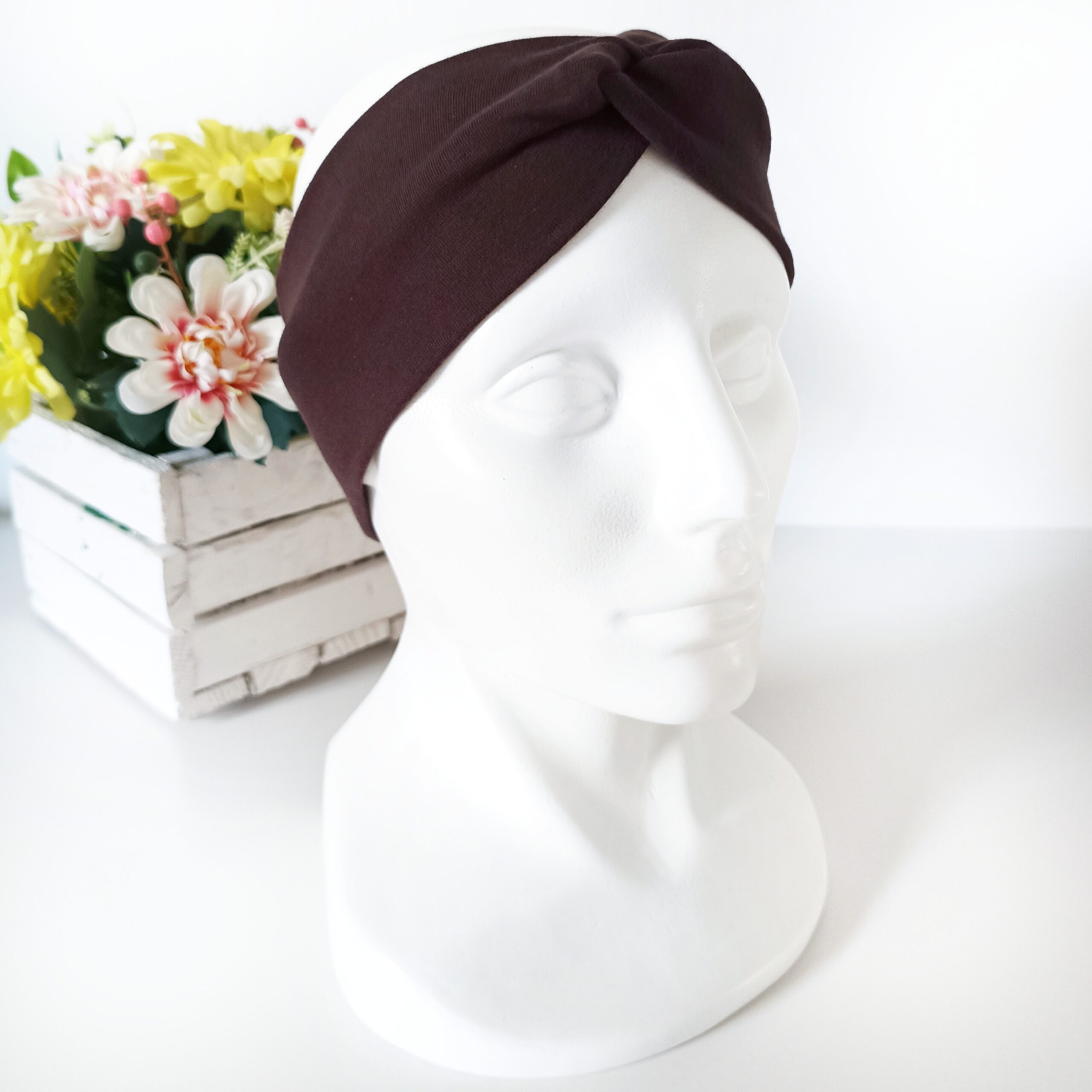 Opaska do włosów jesienna - damska - bawełniana - brązowa - obrazek 3