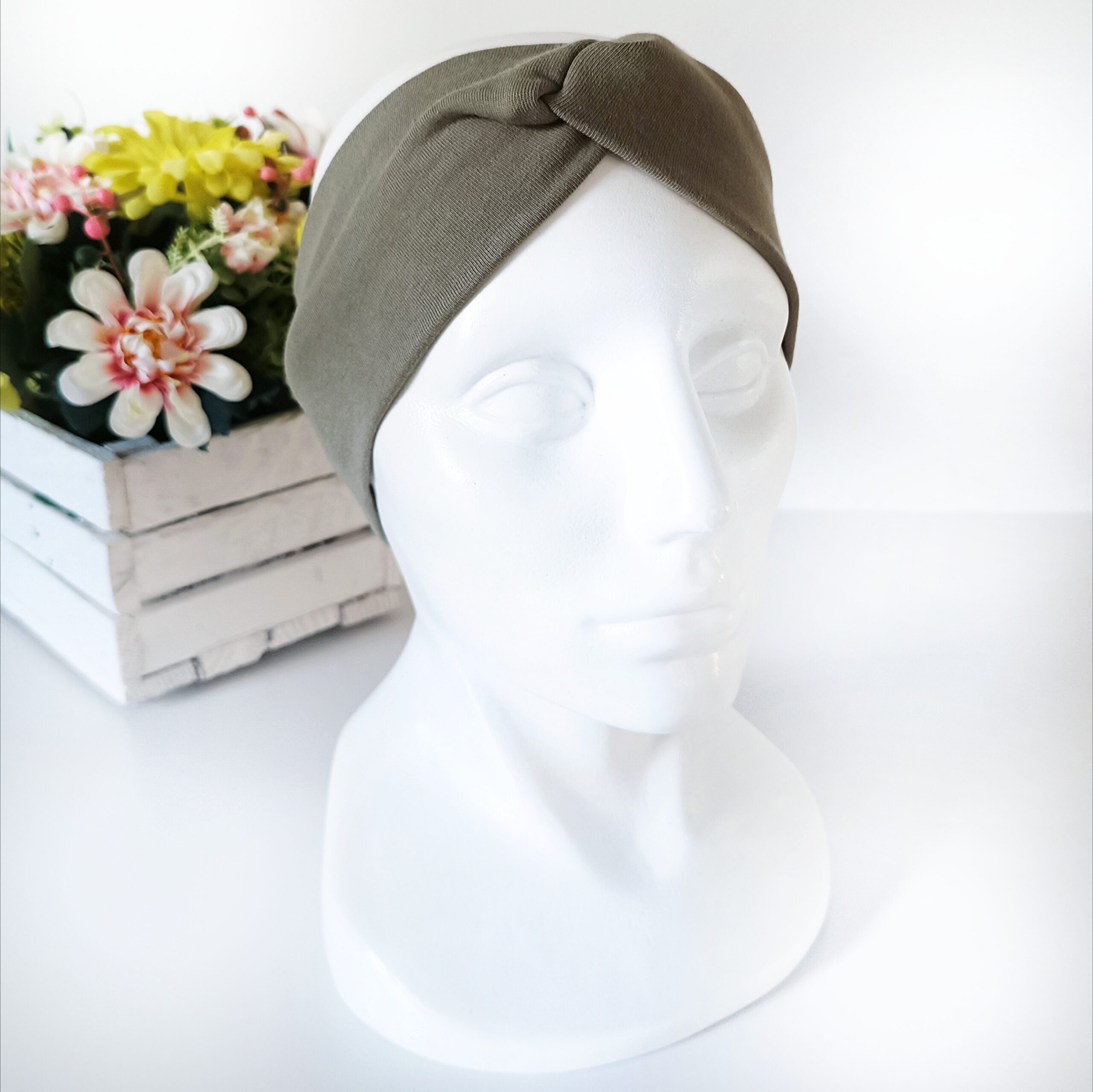 Opaska do włosów jesienna - damska - bawełniana - khaki - obrazek 3