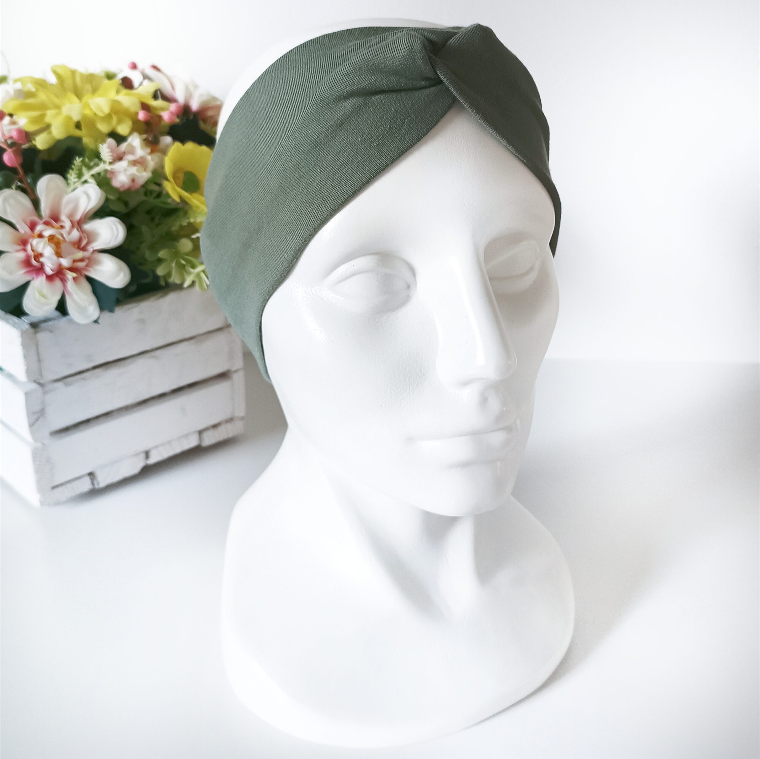 Opaska do włosów jesienna - damska - bawełniana - oliwkowa - obrazek 3