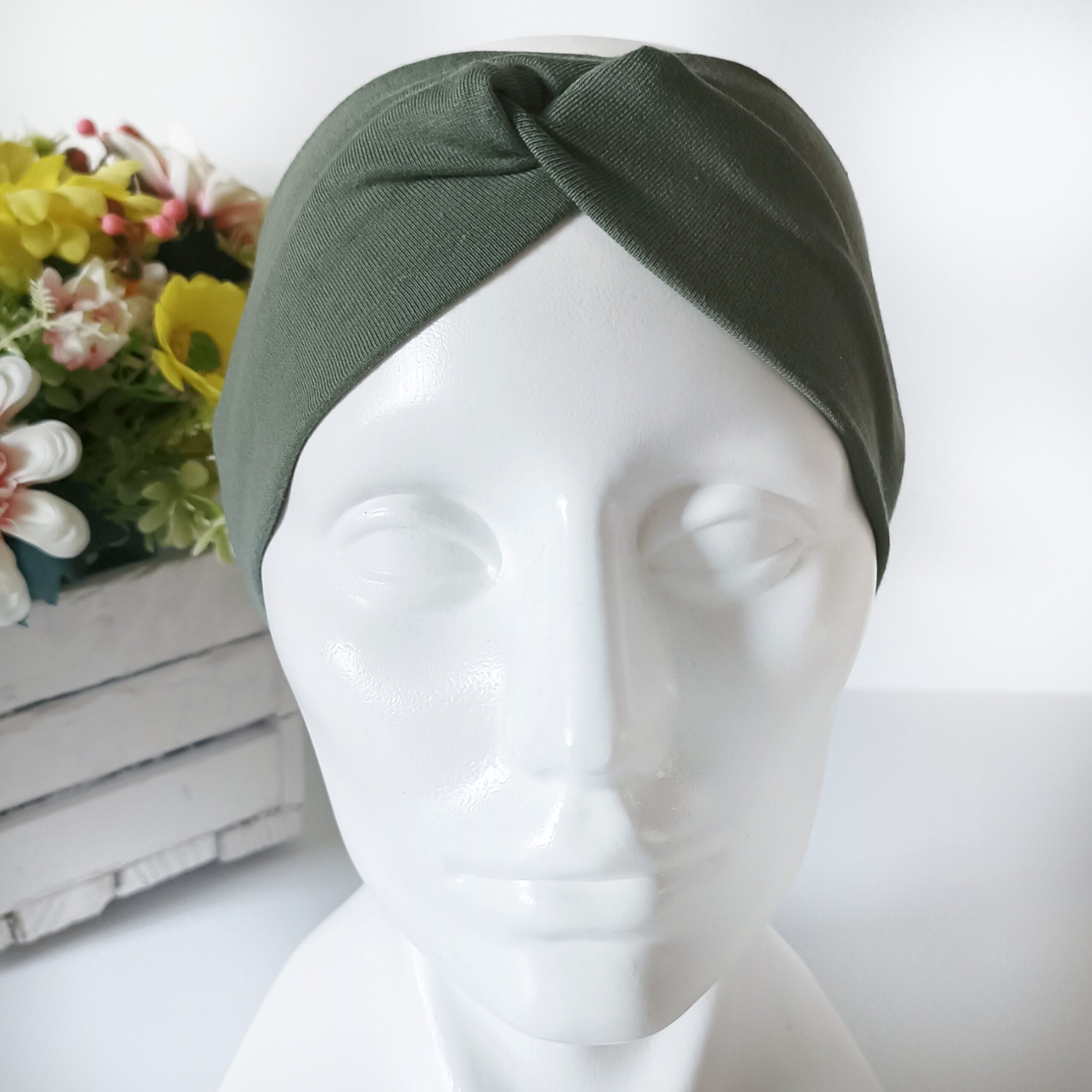 Opaska do włosów jesienna - damska - bawełniana - oliwkowa - obrazek 5